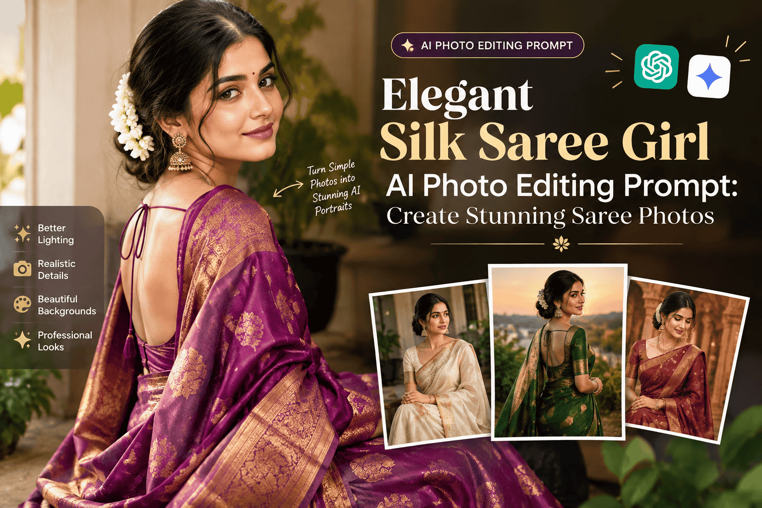 Elegant Silk Saree Girl AI Photo Editing Prompt: Create Stunning Saree Photos